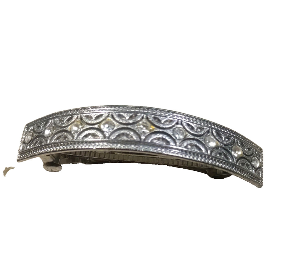 Silver Tone Hair Barrette Tension Clip Rhinestone Elegantly Engraved Regency...
